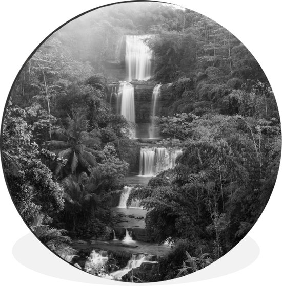 WallCircle - Wandcirkel - Muurcirkel - Indonesië - Waterval - Zwart - Wit - Aluminium - Dibond - ⌀ 90 cm - Binnen en Buiten