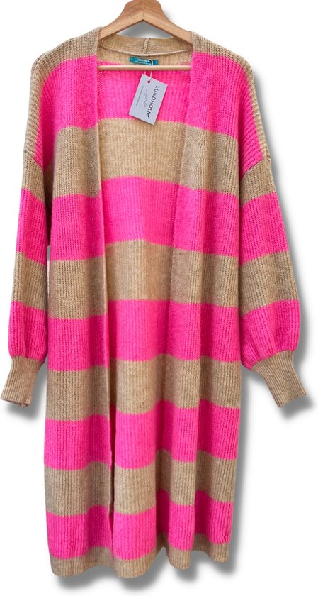 Lundholm vest dames lang gebreid bruin roze geblokt - Scandinavische trui dames - gebreide vesten dames lang one size | Scandinavisch design - Linköping serie