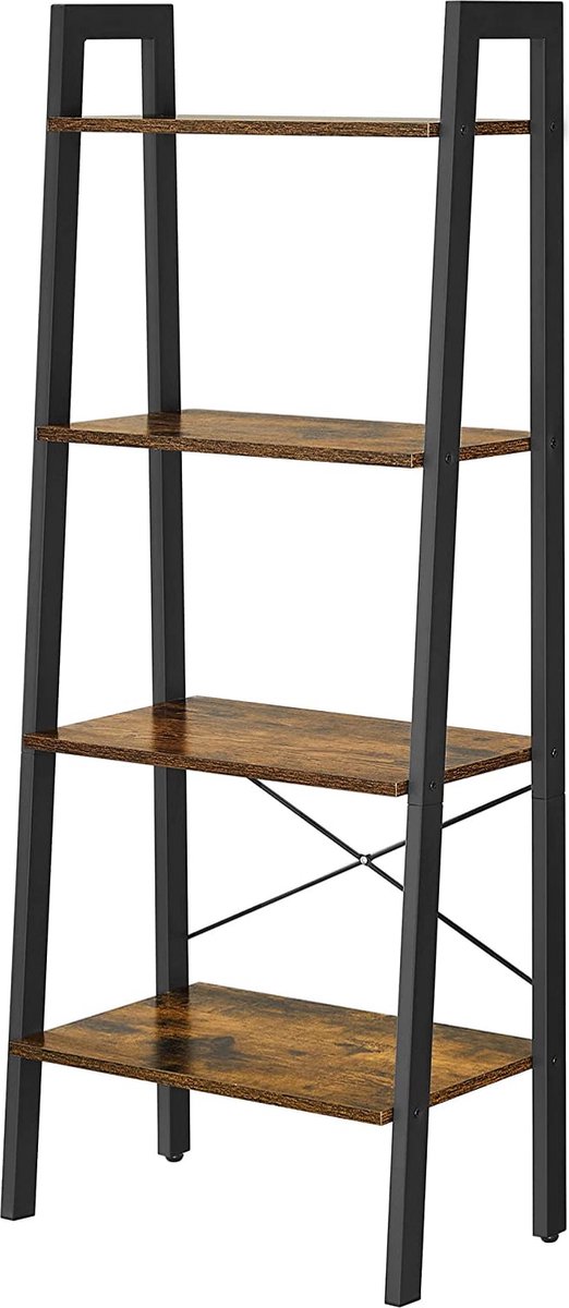 Berkatmarkt - Plank, boekenkast met 4 niveaus, ladderrek, staand rek, voor woonkamer, slaapkamer, keuken, thuiskantoor, industrieel design, stalen frame, vintage bruin-zwart LLS44X