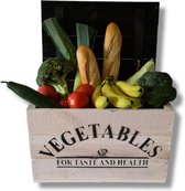 Boîte en bois naturel avec un couvercle noir avec des légumes imprimés 45x30x30cm
