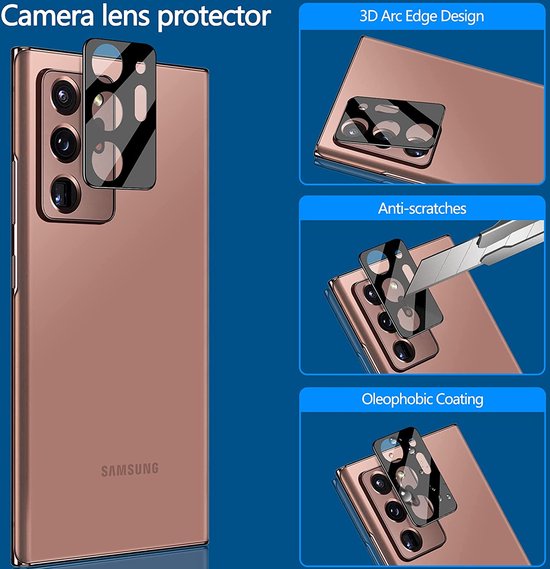 Bronzen Samsung telefoon met zwarte cameralens protector. Details: 3D Arc Edge Design, anti-kras, oleofobische coating
