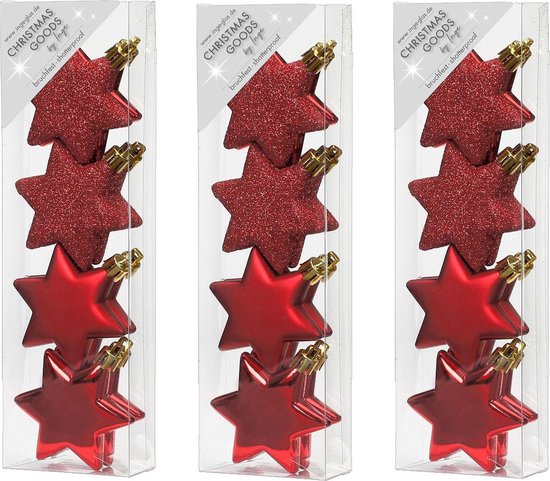 24x stuks kunststof kersthangers sterren rood 6 cm kerstornamenten - Kunststof ornamenten kerstversiering