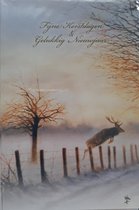 8 dubbele Kerstkaarten met enveloppen Rien Poortvliet - Springend hert in winterlandschap - fijne feestdagen