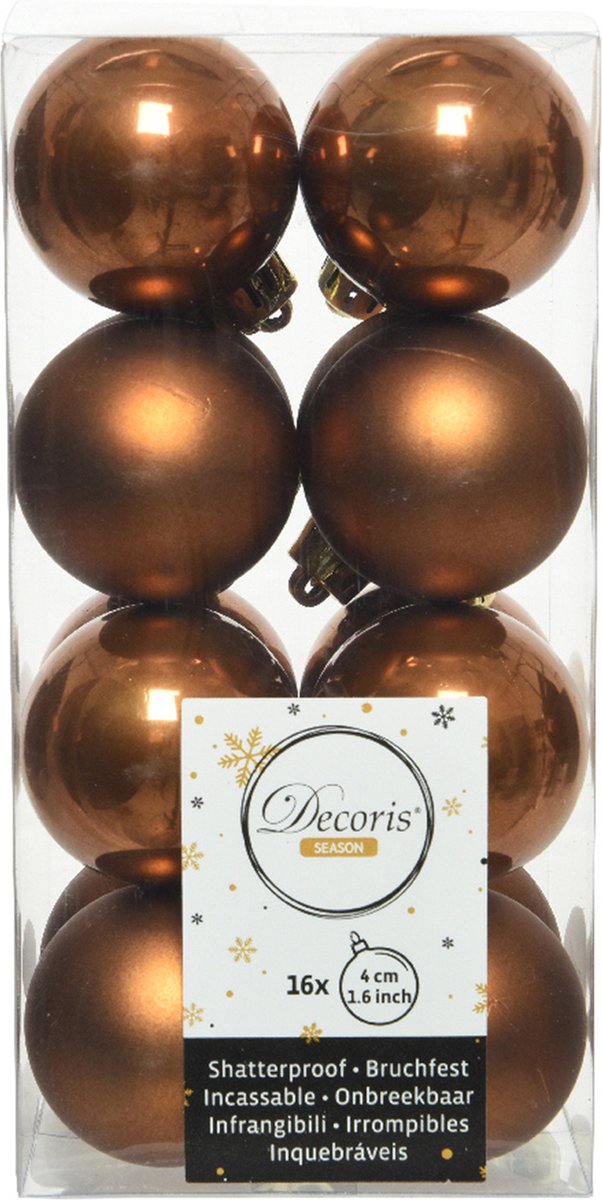 Kleine kerstballen in kaneelbruine kleur, 4 cm, kunststof, set van 16.