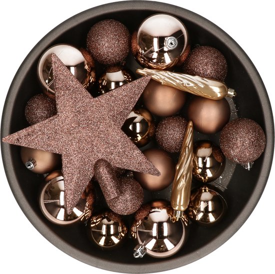 Decoris kerstballen set - 34-dlg - walnoot bruin - incl. piek - kunststof - kerstversiering