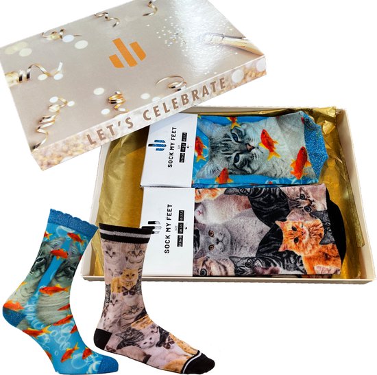 Sock My Feet - Grappige sokken dames - 2 pack - Maat 36-38 - Sokken Giftbox - Funny Socks - Vrolijke sokken - Katten sokken - Cat socks- Gekke sokken - Grappige cadeaus