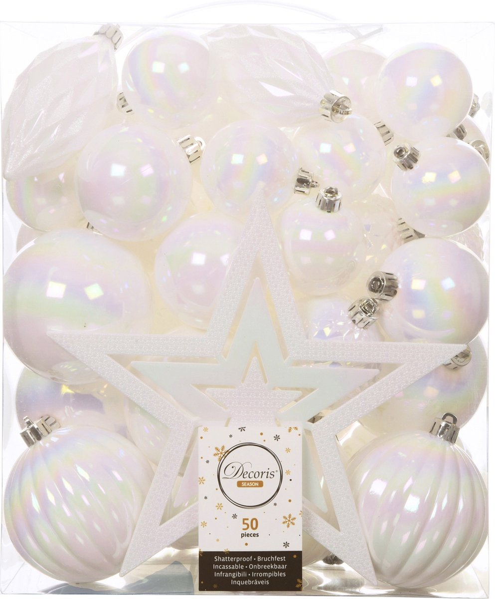 Set van 66 parelmoer witte kunststof kerstballen in verschillende maten met ster piek en Decoris merklogo.