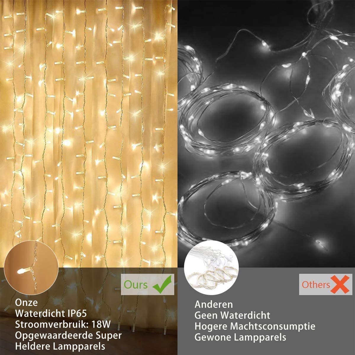 Qedertek Kerstverlichting, lichtgordijn met 10 leds, werkt op batterijen, warmwit, timer