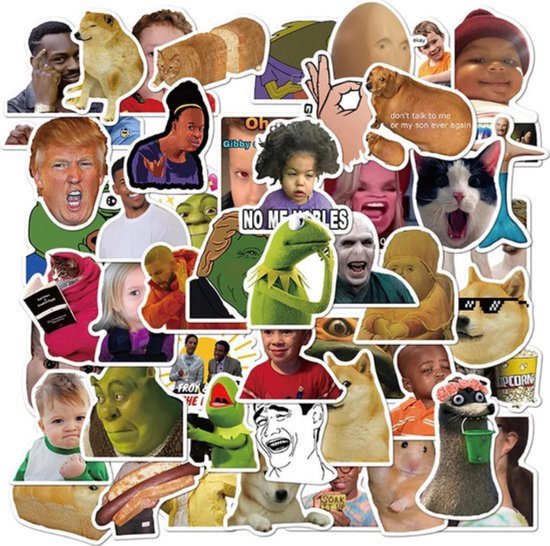 Een assortiment van 50 grappige meme stickers met diverse internet memes en bekende karakters.