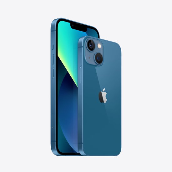 Blauw iPhone 13 mini, voor- en achterkant met felgekleurd behang.