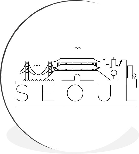 Skyline Seoul noir sur blanc Cercle mural aluminium - ⌀ 90 cm - peinture ronde - impression photo sur aluminium / dibond / cercle mural / cercle vivant / cercle jardin (décoration murale)