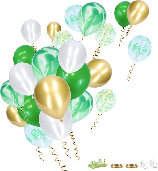 Partizzle 50x Tropical Thema Latex & Confetti Ballonnen - Jungle Safari Verjaardag - Dinosaurus Decoratie - Ballonnenboog Versiering Maken - Helium Geschikt