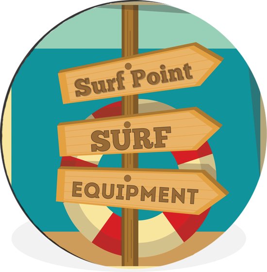 WallCircle - Wandcirkel - Muurcirkel - Illustratie 'surf point, surf equipment' en een reddingsboei - Aluminium - Dibond - ⌀ 90 cm - Binnen en Buiten