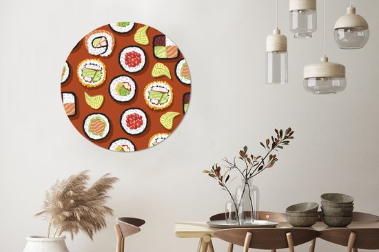 WallCircle - Wall Circle - Wall Circle - Illustration Sushi sur Fond Marron - Aluminium - Dibond - 90x90 cm - Intérieur et Extérieur