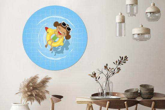 Cercle mural Illustration enfant Nager aluminium - Illustration enfant fille dans piscine Cercle mural aluminium - ⌀ 120 cm - tableau rond - tirage photo sur aluminium / dibond / cercle mural / cercle vivant / cercle jardin (décoration murale) XXL /