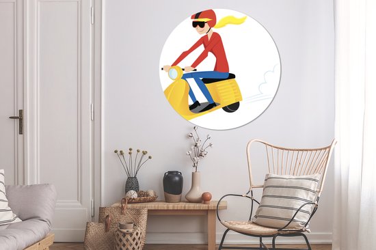 Illustration d'une fille sur une Vespa jaune Cercle mural aluminium ⌀ 120 cm - tirage photo sur cercle mural / cercle vivant / cercle jardin (décoration murale) XXL / Groot format!