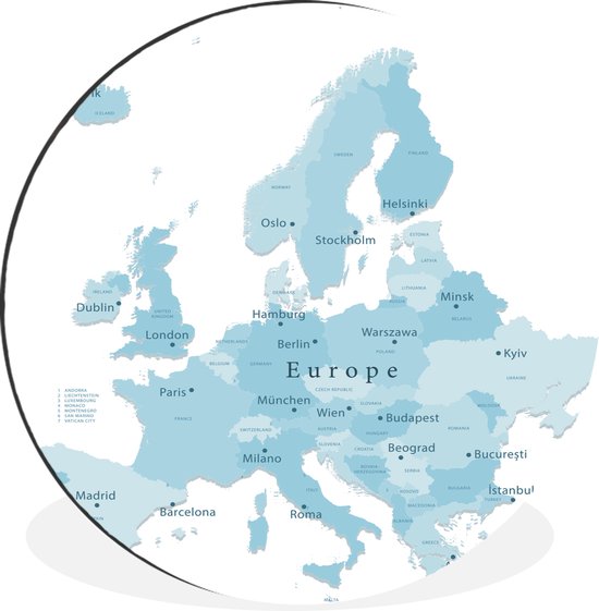 WallCircle - Wandcirkel - Muurcirkel - Kaart van Europa met hoofdsteden in blauw - Aluminium - Dibond - ⌀ 60 cm - Binnen en Buiten