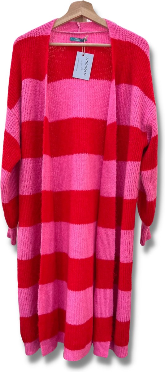Lundholm vest dames lang gebreid roze rood geblokt - Scandinavische trui dames - gebreide vesten dames lang one size | Scandinavisch design - Linköping serie