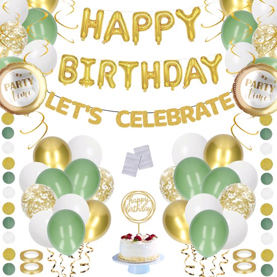 Partizzle Verjaardag Feest Versiering Pakket - Happy Birthday Slinger - Taarttopper - Ballonnen Decoratie - Olijfgroen, Goud & Wit