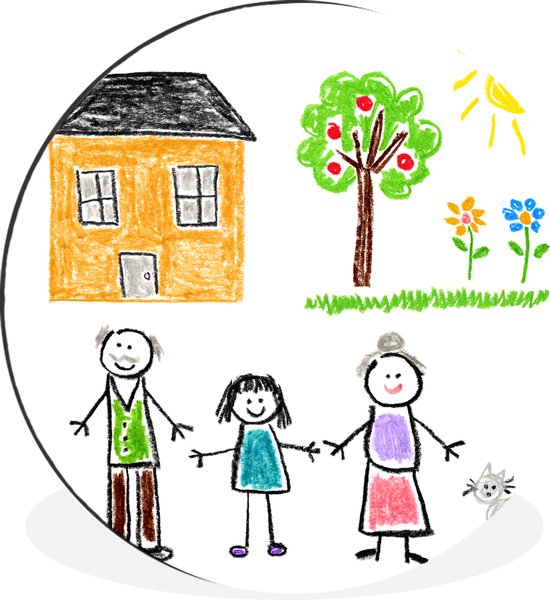 WallCircle - Wandcirkel - Muurcirkel - Illustratie van een familie met een huis - Aluminium - Dibond - ⌀ 60 cm - Binnen en Buiten