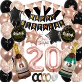 20 Jaar Feest Verjaardag Versiering Confetti Helium Ballonnen Slingers Happy Birthday Rose Goud & Zwart XL SET – 60 Stuks