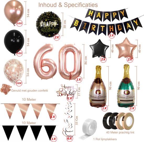 Rose gouden en zwarte ballonnen, 'Happy Birthday' banner, flesvormige ballonnen, '60' ballonnen.