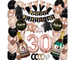 30 Jaar Feest Verjaardag Versiering Confetti Helium Ballonnen Slingers Happy Birthday Rose Goud & Zwart XL SET – 60 Stuks