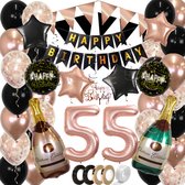 55 Jaar Feest Verjaardag Versiering Confetti Helium Ballonnen Slingers Happy Birthday Rose Goud & Zwart XL SET – 60 Stuks