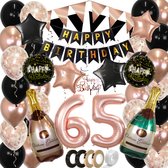 65 Jaar Feest Verjaardag Versiering Confetti Helium Ballonnen Slingers Happy Birthday Rose Goud & Zwart XL SET – 60 Stuks