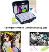 Diamond Painting Opbergdoos avec 2x Set de Peinture de diamants - Boîte de tri avec 60 pots à bouchon à vis avec Autocollants - Accessoires de vêtements pour bébé inclus - 2 x Set de Peinture de diamants chien/chat et chat/papillon