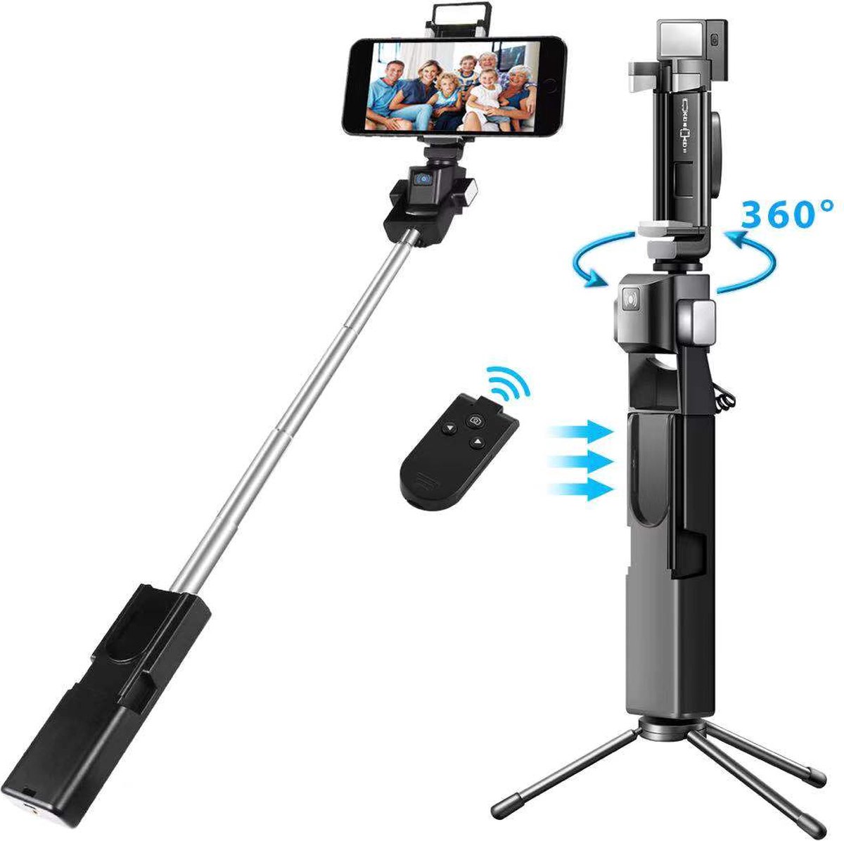 Automatic Rotation Selfie stick opvouwbaar 360 Gr voor smartphone Zwart
