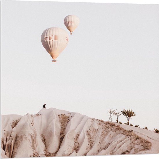 WallClassics - Acrylglas - Twee Beige Luchtballonnen boven Beige Landschap - 80x80 cm Foto op Acrylglas (Wanddecoratie op Acrylaat)