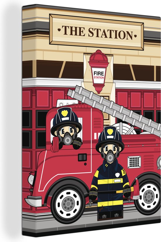 Illustration pour enfants de pompiers en camion de pompiers 60x40 cm -  Tirage photo