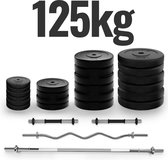GoodVibes - Complete Dumbbell + Barbell set - Totaal gewicht 125 kg, Rechte Halterstang 165 cm, SZ Curlstang, 2 Dumbbells, Gewichtsschijven