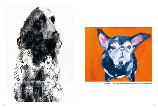 Schilderij van Alouette, een 13-jarige Franse bulldog met blauw-witte vacht en grote oren, tegen een oranje achtergrond. Links een potloodschets van een hond.