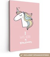 Toile peinture enfants - Décoration murale chambre d'enfant - Unicorn - Je suis né licorne - Citations - Rose - Proverbes - Décoration murale filles - Canvasdoek enfants - 60x90 cm