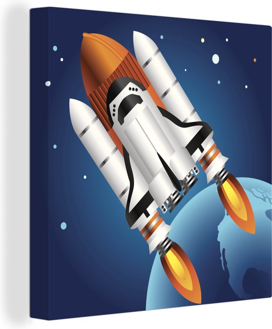 Canvas Schilderij Een illustratie van een space shuttle aan een raket - 50x50 cm - Wanddecoratie