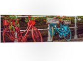 WallClassics - PVC Schuimplaat- Rood/Blauwe Fietsen met Bloemen Gevuld - 120x40 cm Foto op PVC Schuimplaat