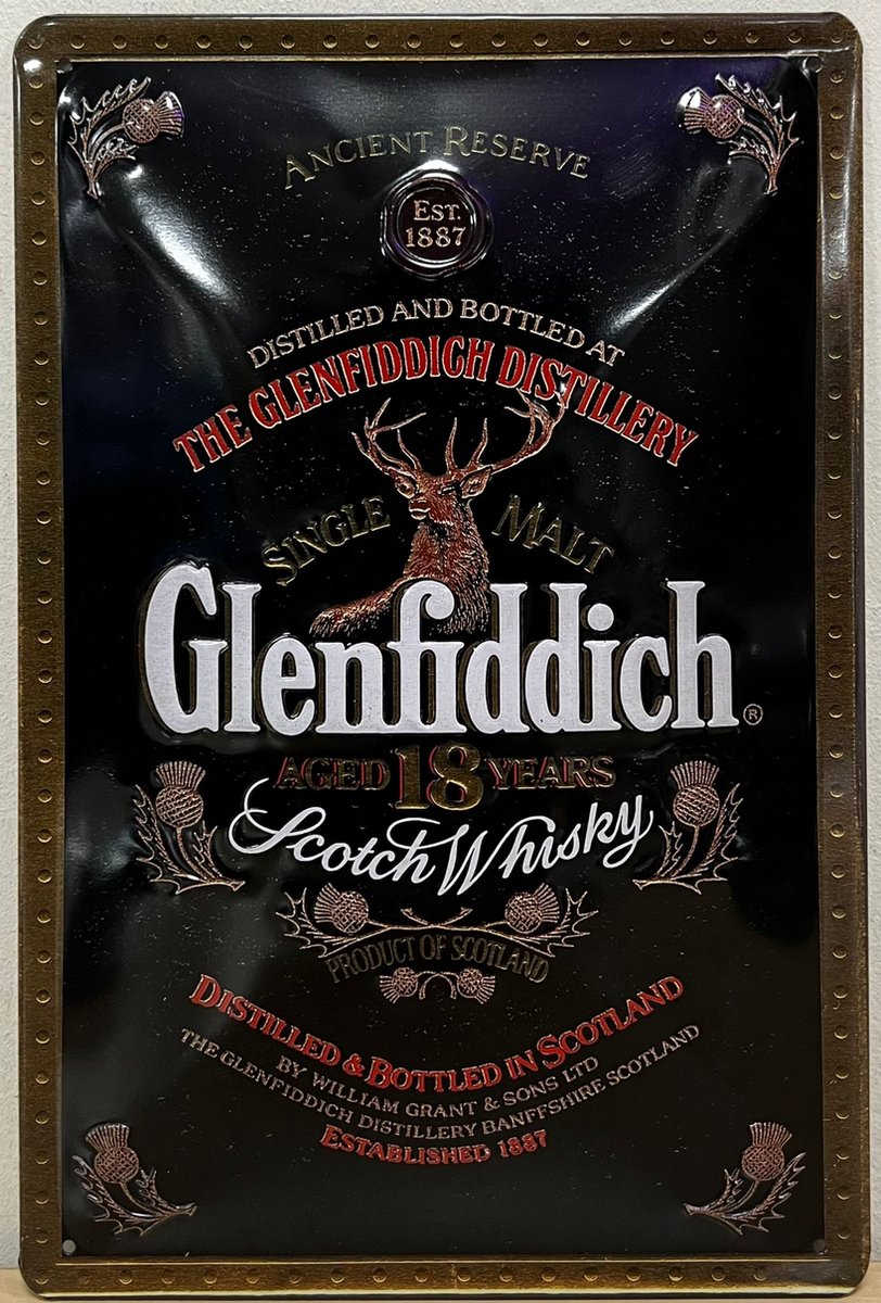 Glenfiddich 18 Years Whisky Reclamebord van metaal 30 x 20 cm GEBOLD BORD MET RELIEF METALEN-WANDBORD - MUURPLAAT - VINTAGE - RETRO - HORECA- WANDDECORATIE -TEKSTBORD - DECORATIEBORD - RECLAMEPLAAT - WANDPLAAT - NOSTALGIE -CAFE- BAR -MANCAVE- KROEG - 