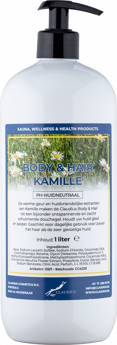 Goedkoopste Body & Hair Kamille - 1 liter met gratis pomp - 2 in 1 voor lichaam en haar.