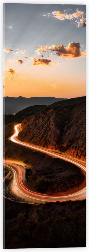 WallClassics - Acrylglas - Verlichte Weg over Berg met Zonsondergang - 20x60 cm Foto op Acrylglas (Wanddecoratie op Acrylaat)