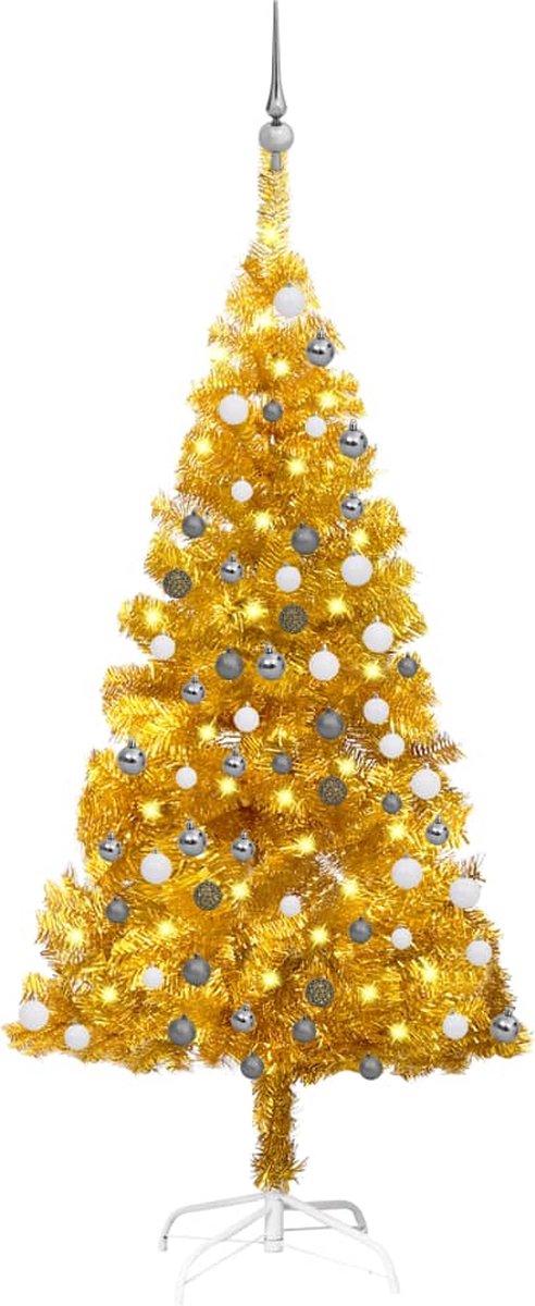 Prolenta Premium - Kunstkerstboom met LED's en kerstballen 120 cm PET goudkleurig