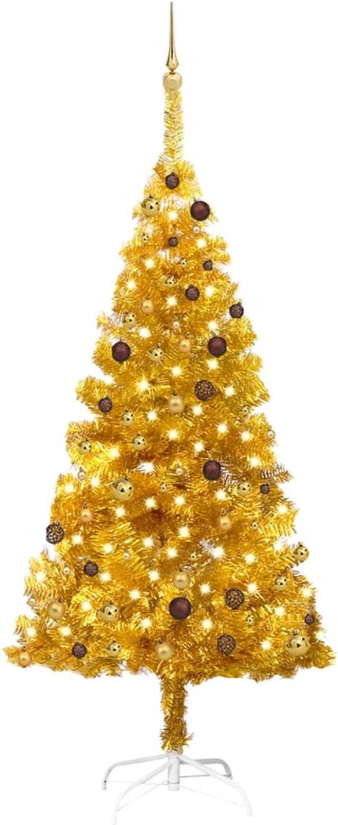 Prolenta Premium - Kunstkerstboom met LED's en kerstballen 210 cm PET goudkleurig