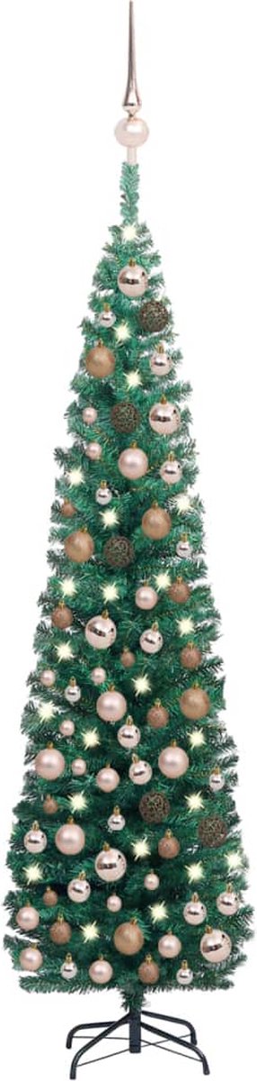 Prolenta Premium - Kunstkerstboom met LED's en kerstballen smal 180 cm groen