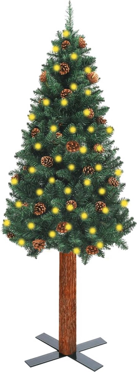 Prolenta Premium - Kerstboom met LED's en hout en dennenappels smal 180 cm groen