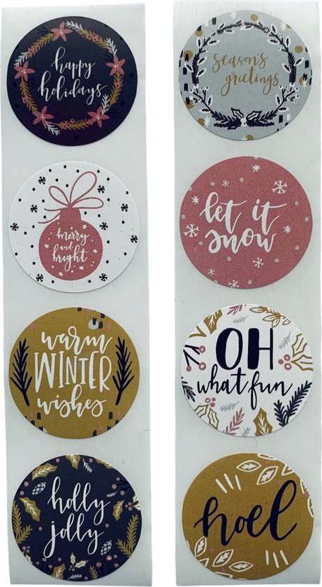 Foto: 40 kerst stickers 5 stuks per motief happy holidays let it snow oh what fun noel holly jolly winter wishes season s greetings merry and bright wit oud roze grijs bruin paars doorsnede 2 5 cm