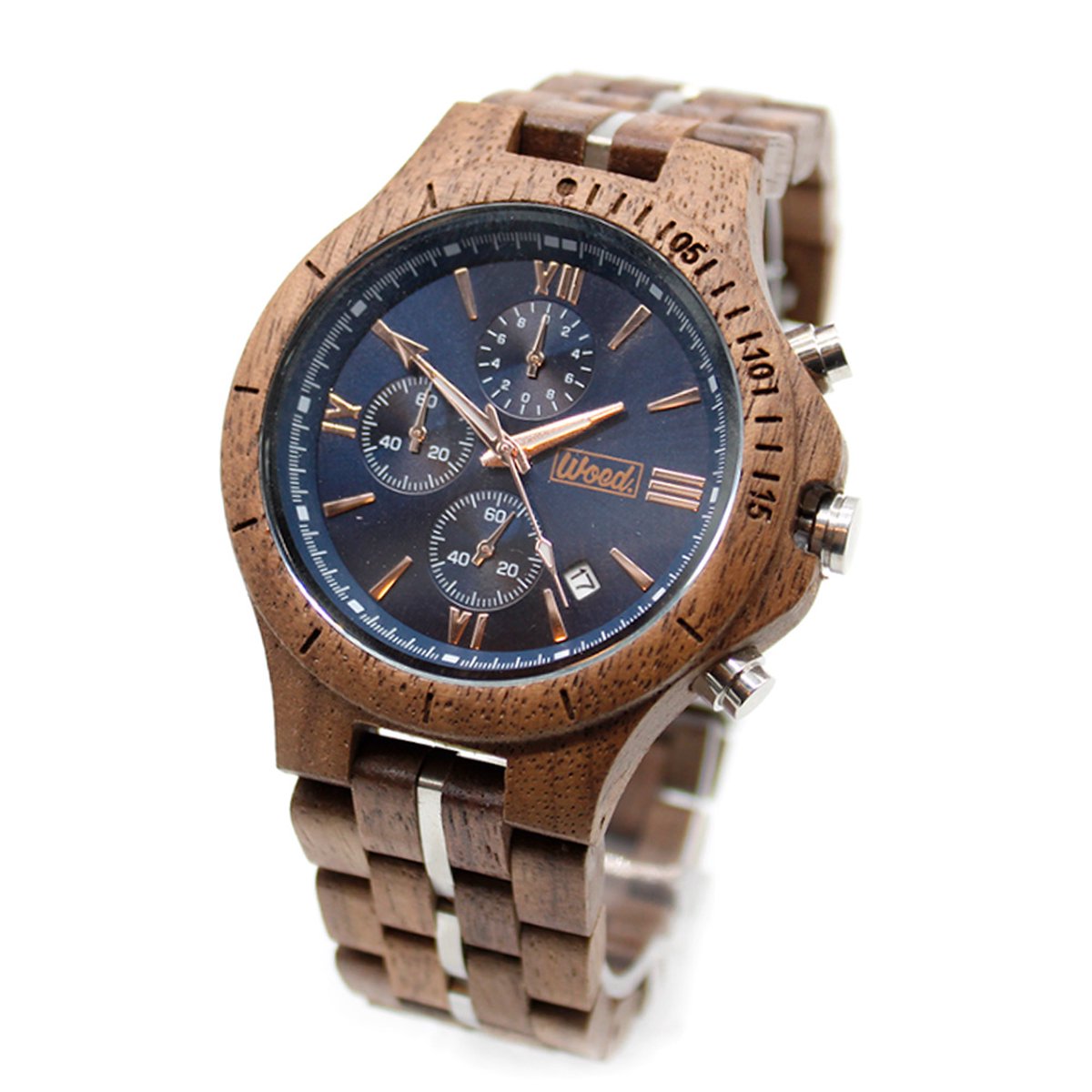 Woed | Betula - Houten horloge heren - 50 mm - Quertz - Premium - Walnoot- Bruin - Blauw