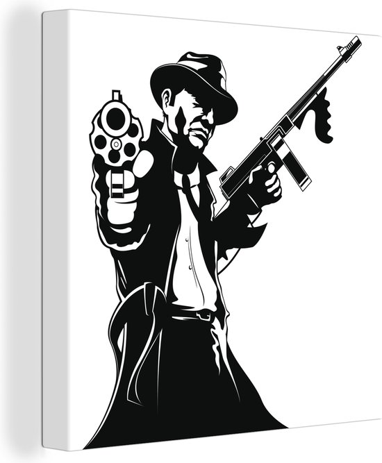 Canvas Schilderij Illustratie van een maffialid met twee wapens in zwart-wit - 50x50 cm - Wanddecoratie