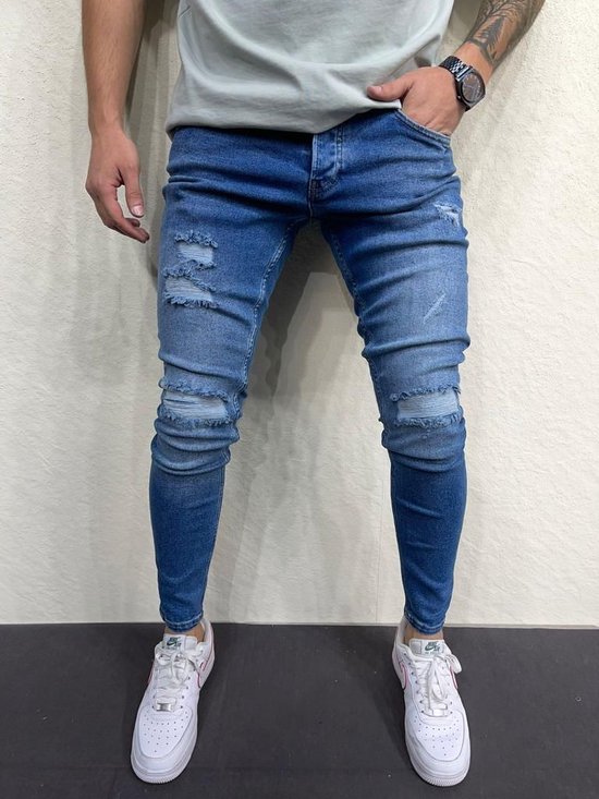 Mannen Stretchy Ripped Skinny Jeans Vernietigd Hole Slim Fit Denim Hoge Kwaliteit Jeans - W38