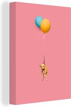 Canvas Schilderij Komische hond aan twee ballonnen - 30x40 cm - Wanddecoratie